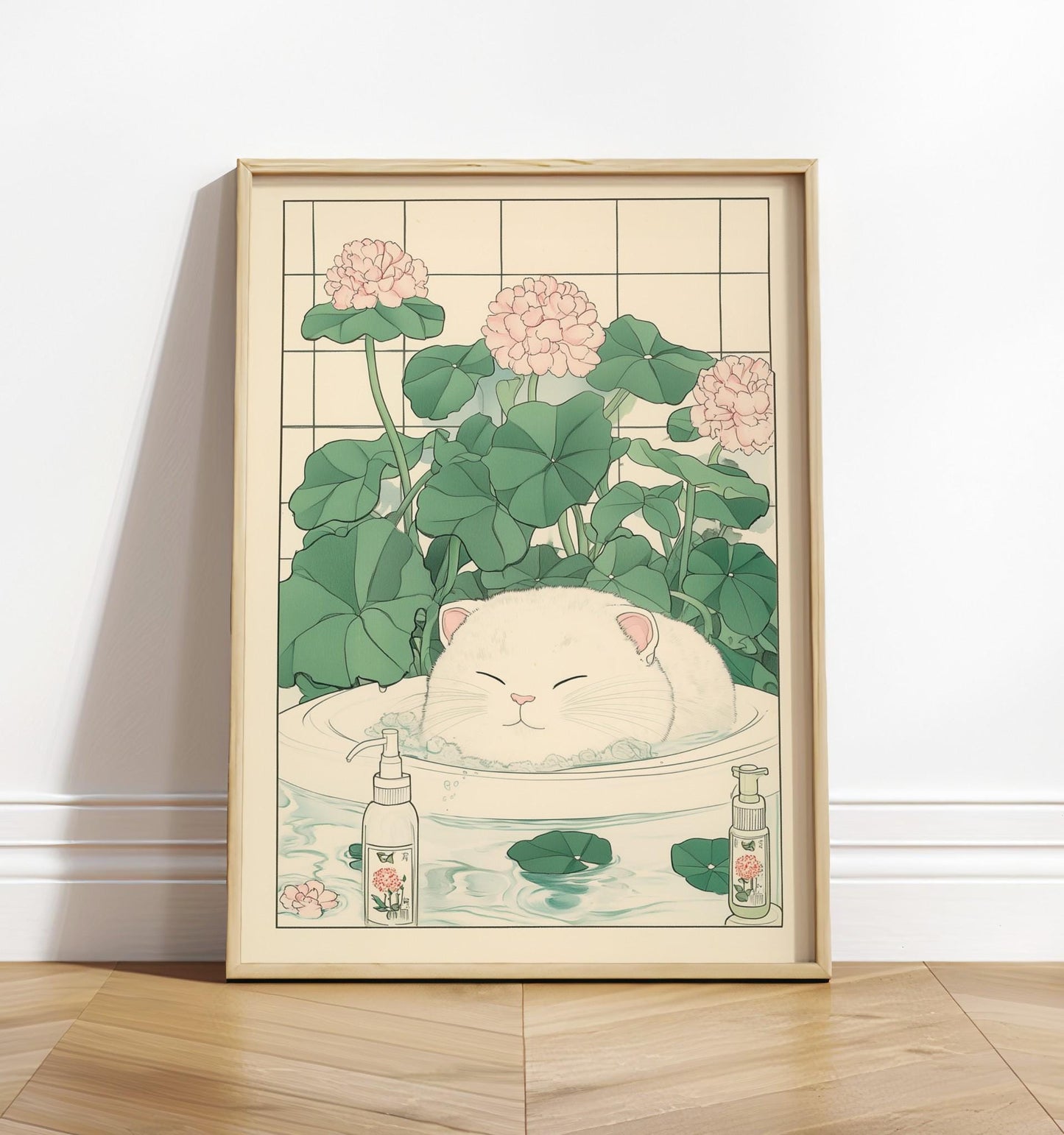 Cute white cat in a bathtub, Japanese bathroom print, Japan funny poster, Cat wall art, Aesthetic minimalism, Japandi wall art