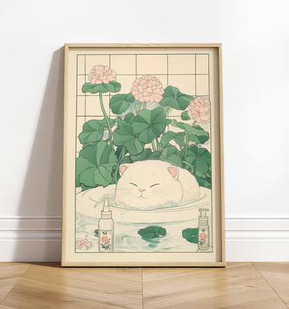 Cute white cat in a bathtub, Japanese bathroom print, Japan funny poster, Cat wall art, Aesthetic minimalism, Japandi wall art