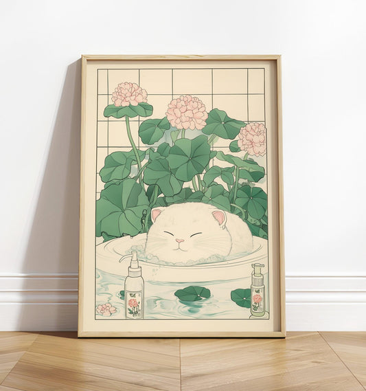 Cute white cat in a bathtub, Japanese bathroom print, Japan funny poster, Cat wall art, Aesthetic minimalism, Japandi wall art