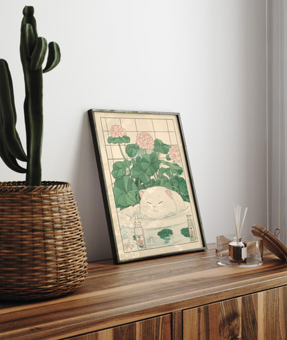 Cute white cat in a bathtub, Japanese bathroom print, Japan funny poster, Cat wall art, Aesthetic minimalism, Japandi wall art