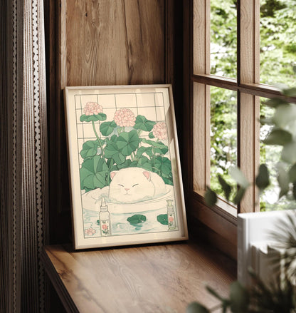 Cute white cat in a bathtub, Japanese bathroom print, Japan funny poster, Cat wall art, Aesthetic minimalism, Japandi wall art