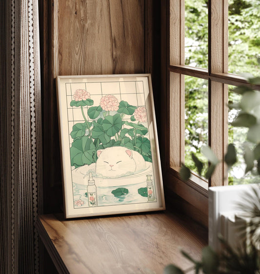 Cute white cat in a bathtub, Japanese bathroom print, Japan funny poster, Cat wall art, Aesthetic minimalism, Japandi wall art