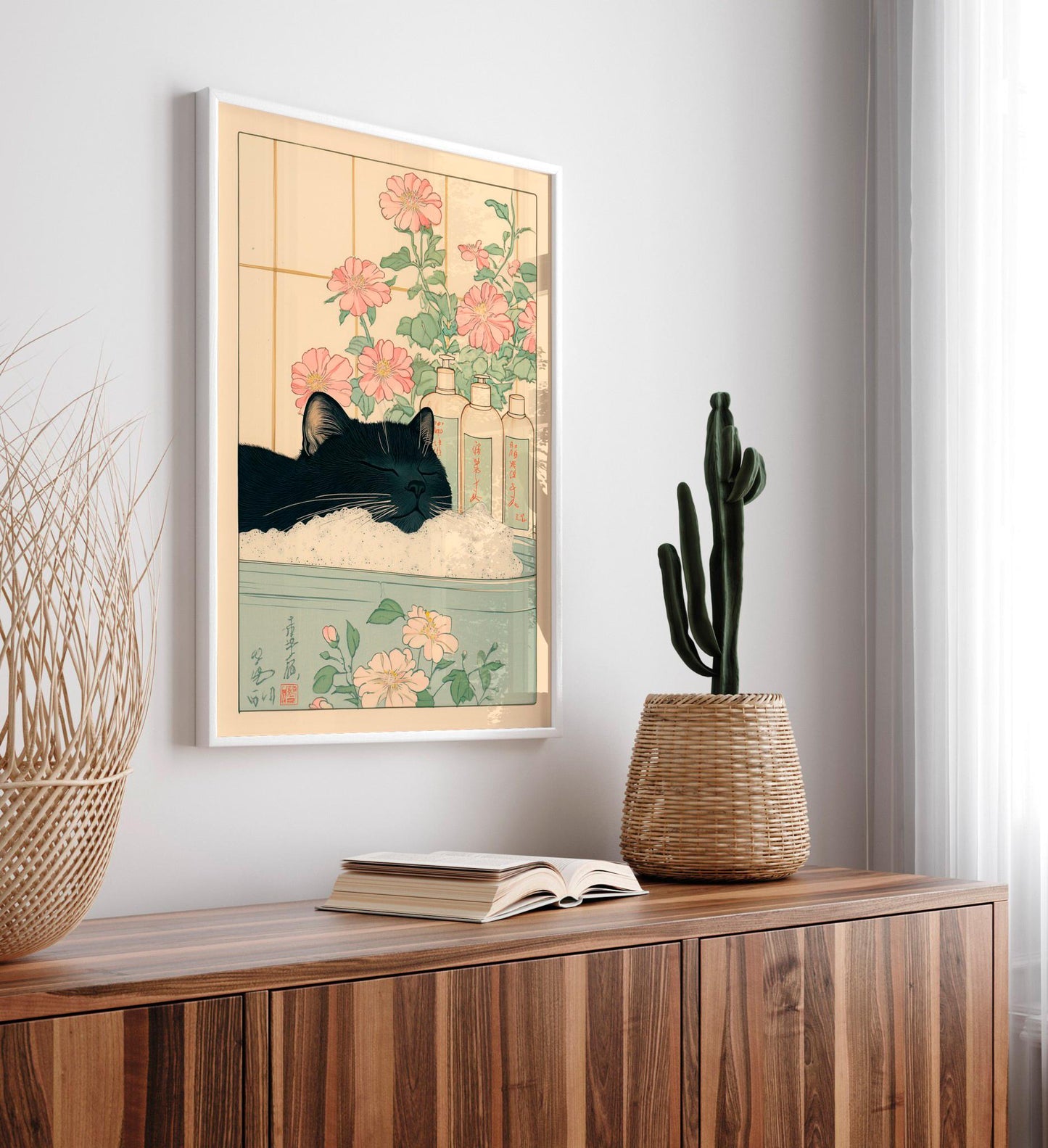 Black Cat in Bathtub: Japanese Bathroom Print, Minimalist Wall Art