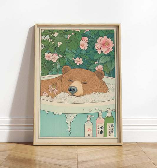 Brown Bear Bathtub Print: Japanese Ukiyo-e Art, Japandi Decor