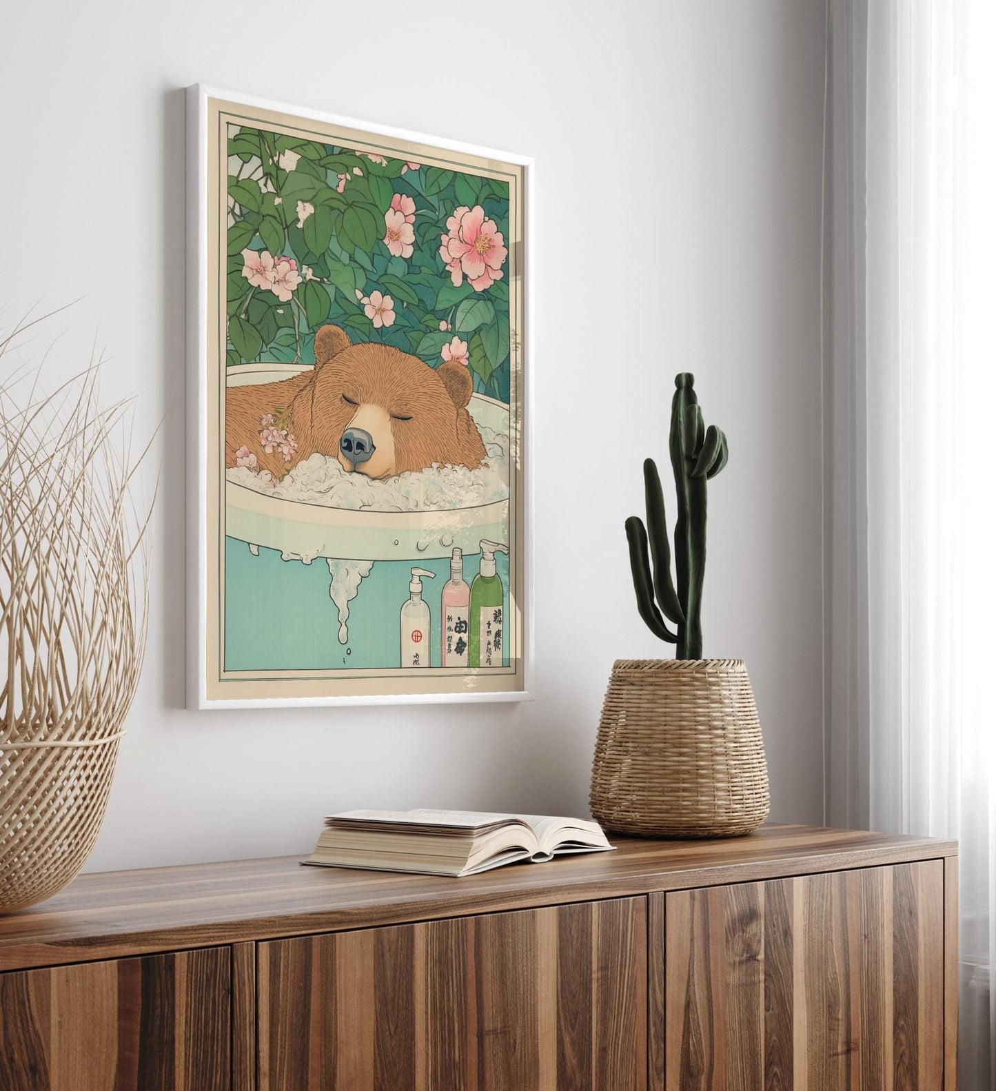 Brown Bear Bathtub Print: Japanese Ukiyo-e Art, Japandi Decor