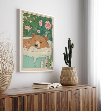 Brown Bear Bathtub Print: Japanese Ukiyo-e Art, Japandi Decor