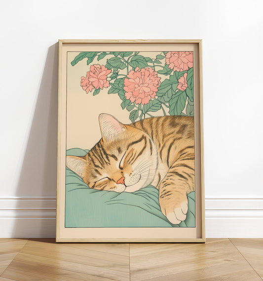 Sleeping Tabby Cat Print: Japanese Ukiyo-e Wall Art