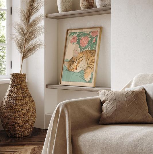 Sleeping Tabby Cat Print: Japanese Ukiyo-e Wall Art