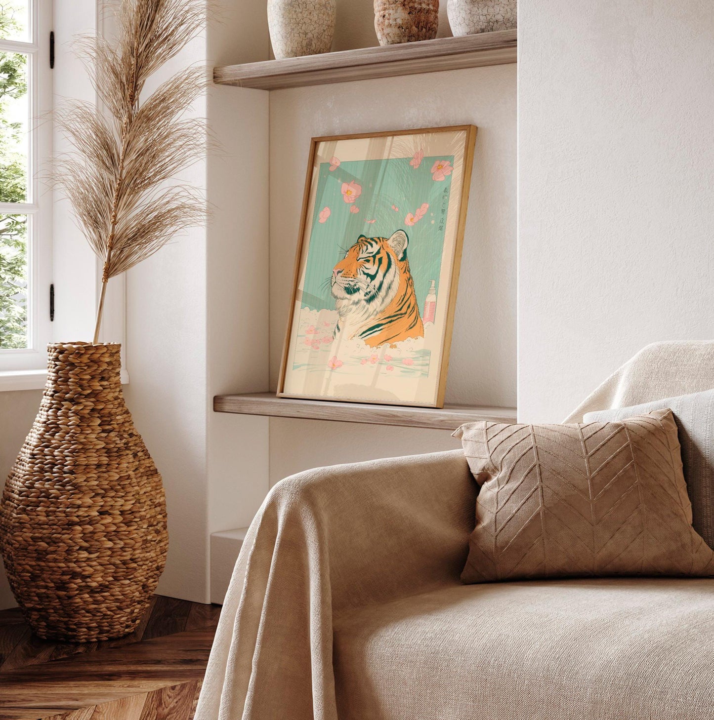 Ukiyo-e Tiger in Bathtub Print: Japanese Bathroom Wall Art