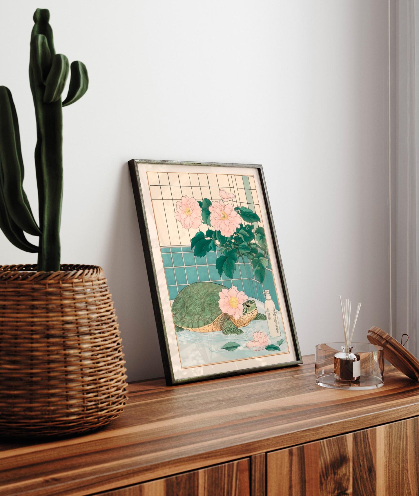 Sea Turtle Bathroom Print: Japanese Ukiyo-e Style Floral Art