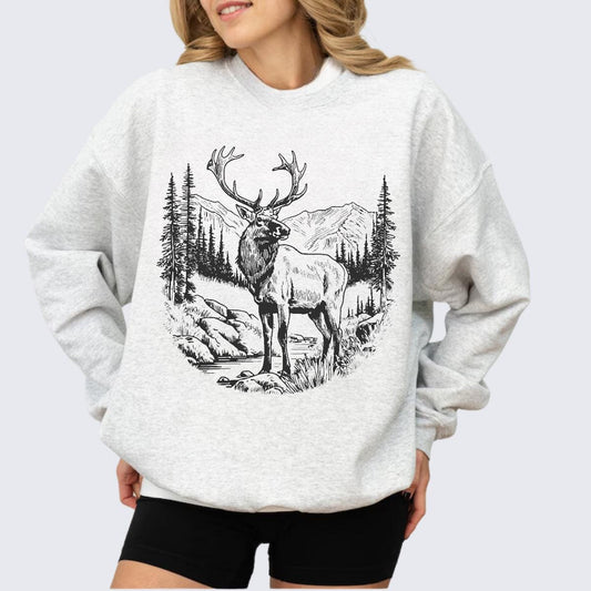 Retro Elk in the Wilderness Scene Sweatshirt, Vintage Style Animal Sweater, Nature Lover Gift, Outdoor Apparel, Rustic Wildlife Pullover