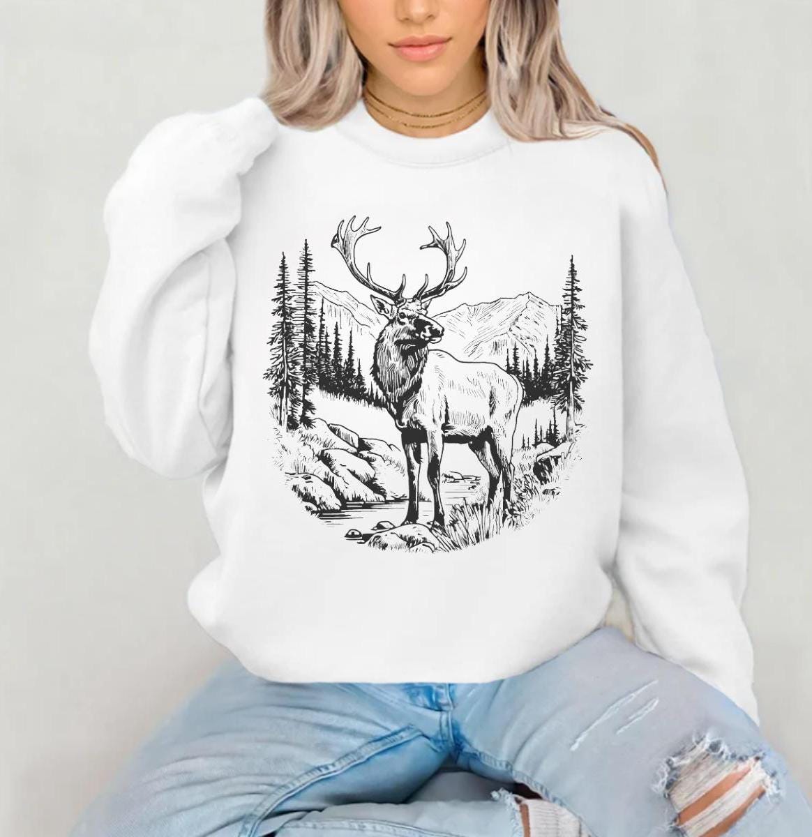 Retro Elk in the Wilderness Scene Sweatshirt, Vintage Style Animal Sweater, Nature Lover Gift, Outdoor Apparel, Rustic Wildlife Pullover
