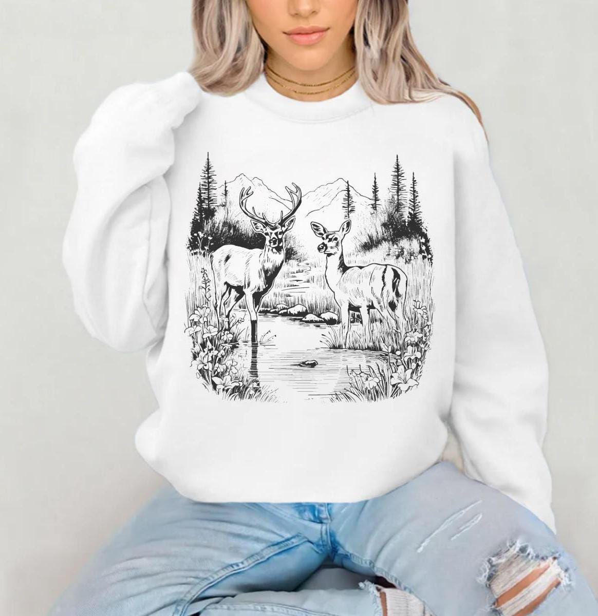 Retro Deer Wilderness Scene Unisex Sweatshirt, Buck & Doe Graphic, Nature Lover Gift, Outdoor Apparel, Wildlife Lover Clothing, Cabin Style