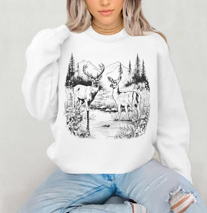 Retro Deer Wilderness Scene Unisex Sweatshirt, Buck & Doe Graphic, Nature Lover Gift, Outdoor Apparel, Wildlife Lover Clothing, Cabin Style
