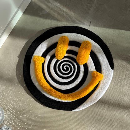 Handmade Tufted Smiley Face Rug: Hypnotic Spiral Design