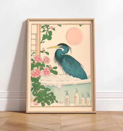 Ukiyo-e Heron in Bathtub Print: Japanese Bird Art, Minimalist Home Decor