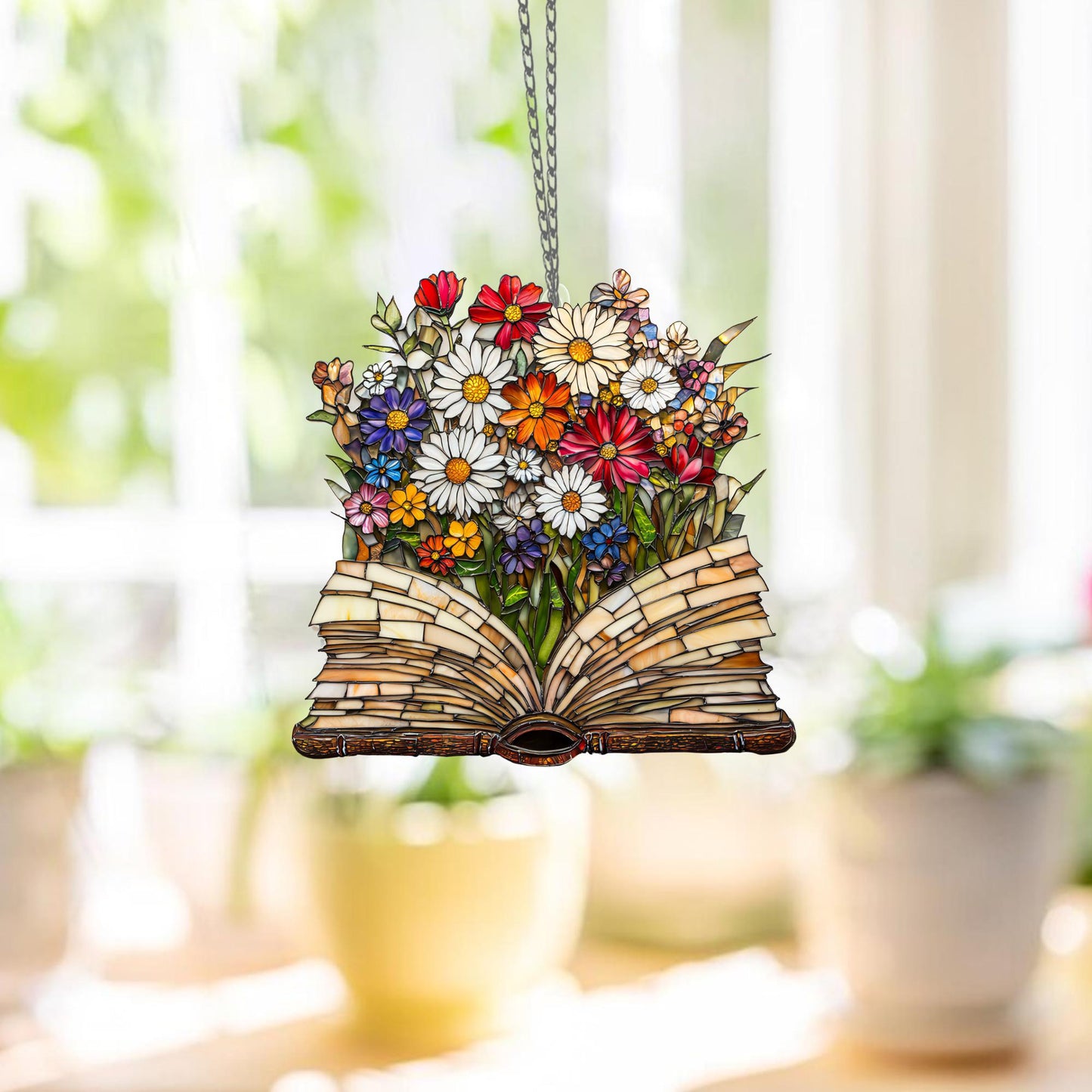 Floral Book  ACRYLIC Window Hanging, Book Lover decor, Gift for her, Book Club Gift, Book Reader Gifts, Book Club Ornament Wall Art