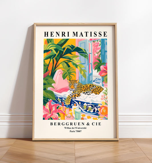 Leopard in Bathtub Art Print: Henri Matisse Style Bathroom Wall Decor