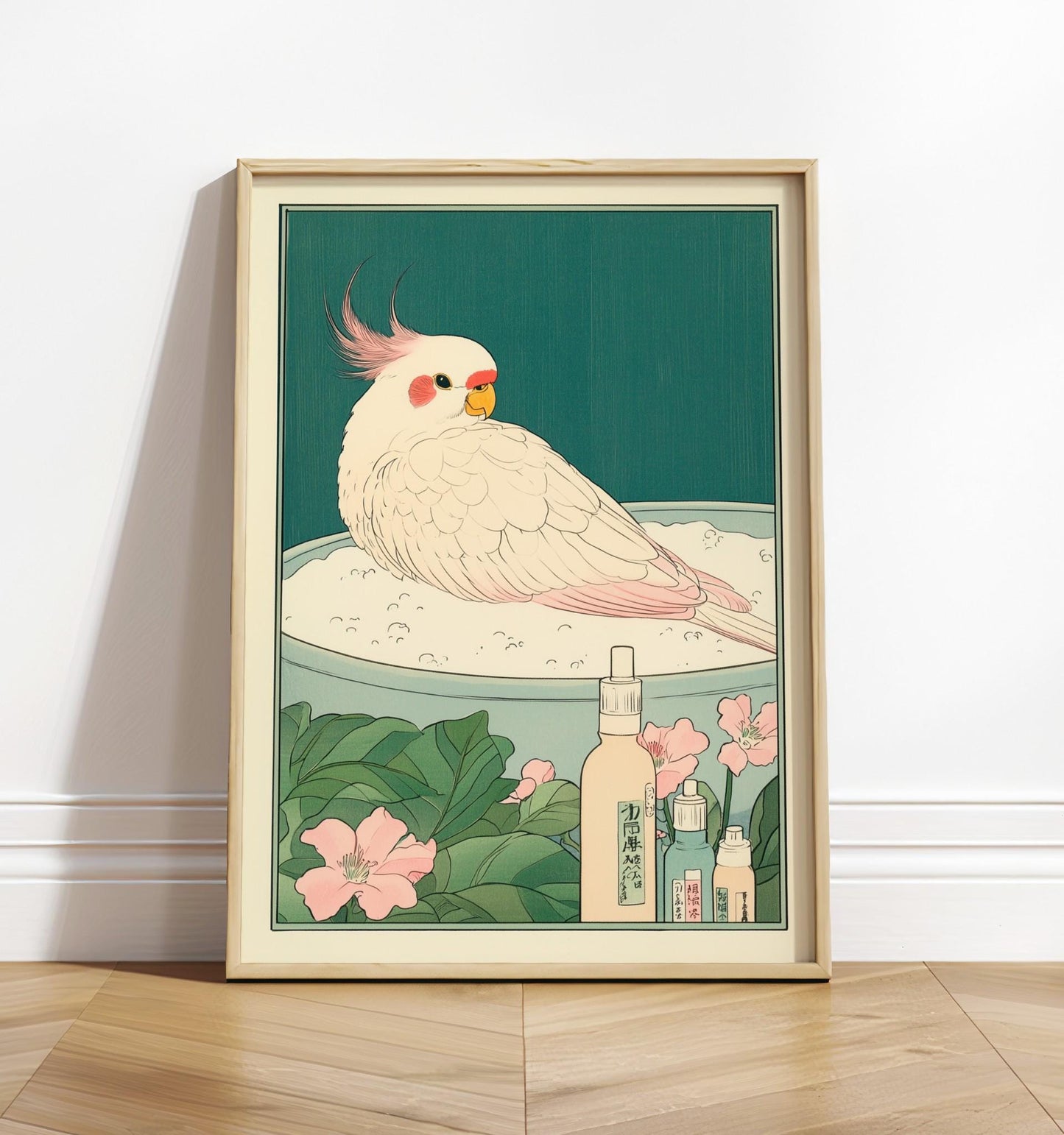 Cute cockatiel in bathtub, Funny bathroom print, Japanese art print, Ukiyo-e wall art, Bird art print, Aesthetic bathroom decor