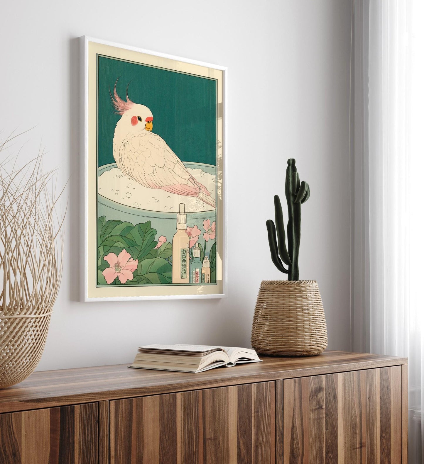 Cute cockatiel in bathtub, Funny bathroom print, Japanese art print, Ukiyo-e wall art, Bird art print, Aesthetic bathroom decor