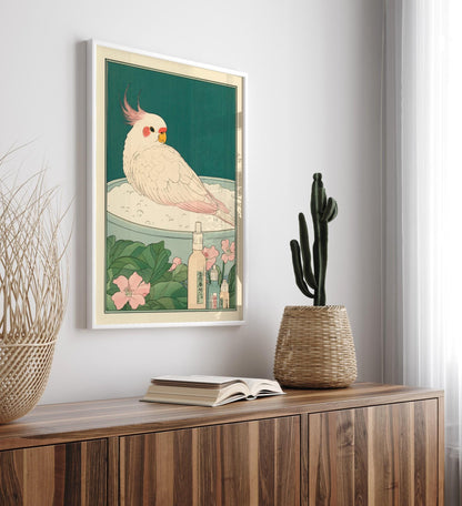 Cute cockatiel in bathtub, Funny bathroom print, Japanese art print, Ukiyo-e wall art, Bird art print, Aesthetic bathroom decor