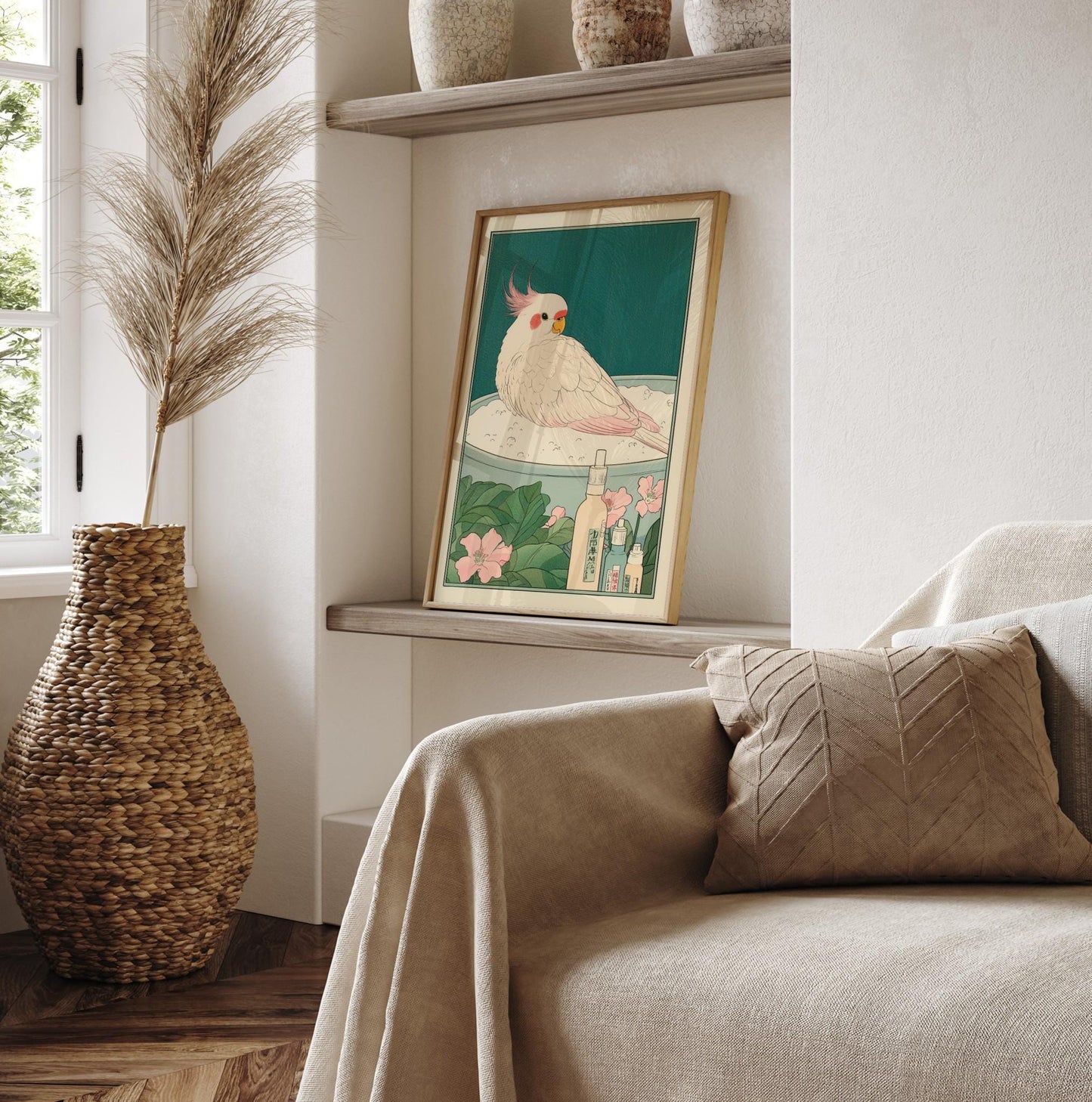 Cute cockatiel in bathtub, Funny bathroom print, Japanese art print, Ukiyo-e wall art, Bird art print, Aesthetic bathroom decor