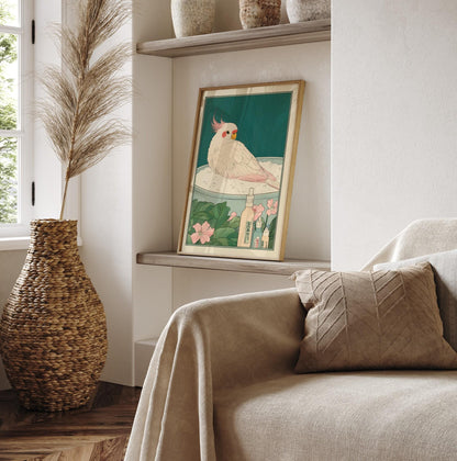 Cute cockatiel in bathtub, Funny bathroom print, Japanese art print, Ukiyo-e wall art, Bird art print, Aesthetic bathroom decor