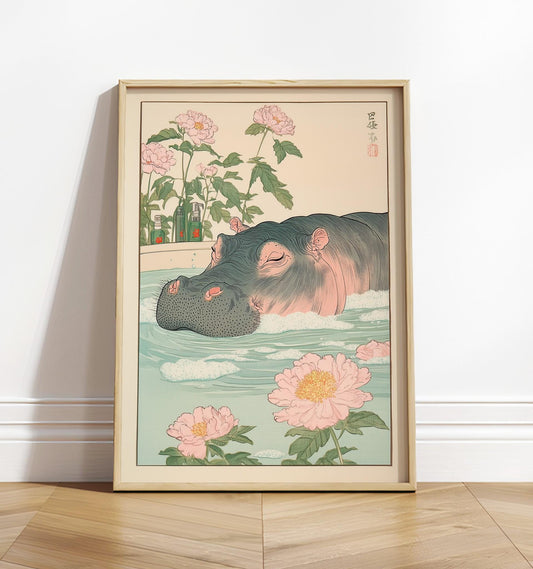 Hippo in Bathtub Ukiyo-e Print: Japanese Bathroom Art