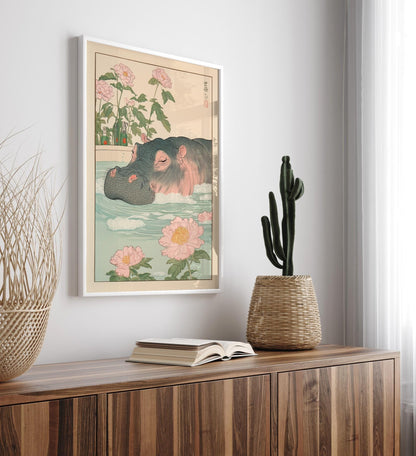 Hippo in Bathtub Ukiyo-e Print: Japanese Bathroom Art