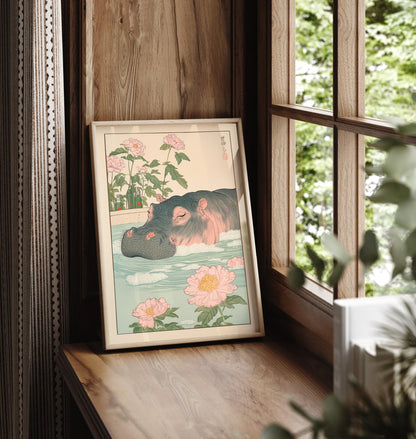 Hippo in Bathtub Ukiyo-e Print: Japanese Bathroom Art