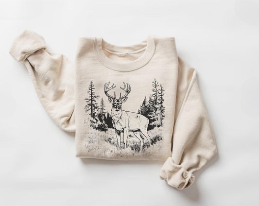 Retro Whitetail Buck Sweatshirt, Rustic Deer Pullover, Retro Animal Sweater, Nature Lover Gift, Wildlife Crewneck, Hunting Apparel