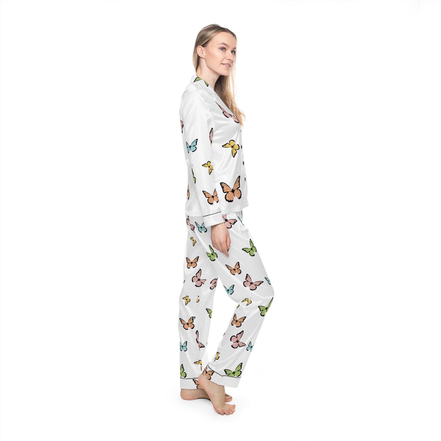 Butterfly Satin Pajamas Set, Women's Nightwear, Butterfly Print Pajama Set, Sleepwear Gift for Her, Satin Sleep Set, Women's Butterfly