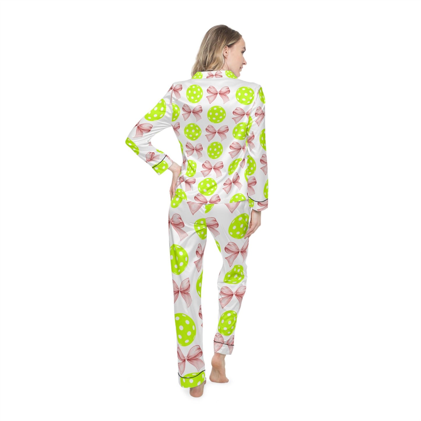 Satin Pajamas with Croquet Ribbon and Pickleballs - Women's Sleepwear Set, Luxury Nightwear, Elegant Loungewear, Stylish PJ Set, Soft Satin