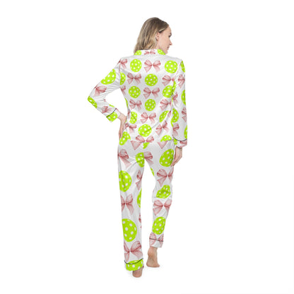 Satin Pajamas with Croquet Ribbon and Pickleballs - Women's Sleepwear Set, Luxury Nightwear, Elegant Loungewear, Stylish PJ Set, Soft Satin