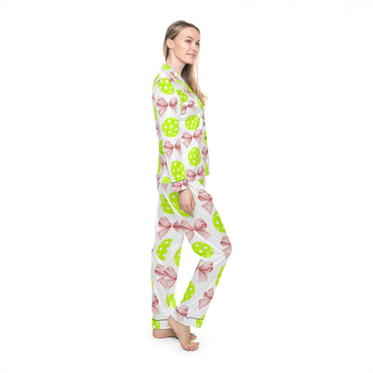 Satin Pajamas with Croquet Ribbon and Pickleballs - Women's Sleepwear Set, Luxury Nightwear, Elegant Loungewear, Stylish PJ Set, Soft Satin