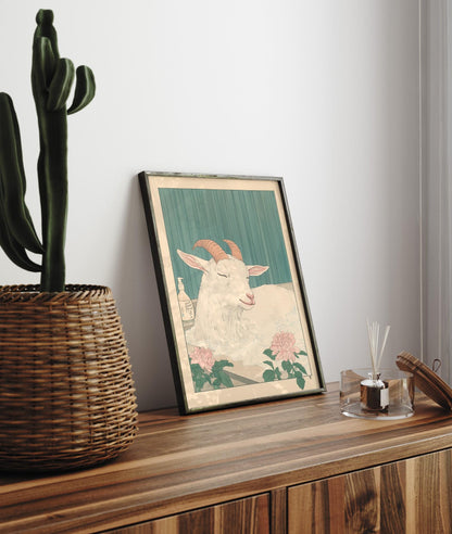 Goat in Bathtub Print: Japanese Minimalist Bathroom Art