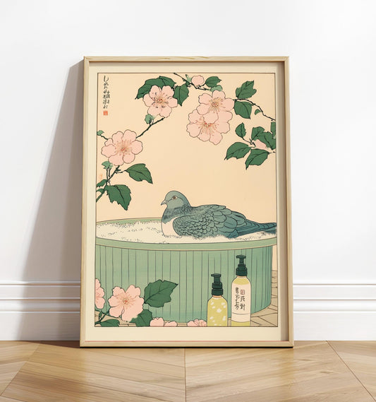 Pigeon in Bathtub Art Print: Japanese Bird Wall Art