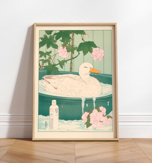 Duck in Bathtub Art Print: Japanese Ukiyo-e Style, Neutral Bathroom Decor