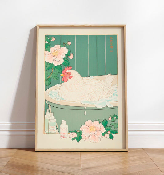 Chicken in Bathtub Art Print: Japanese Ukiyo-e Style Bathroom Decor