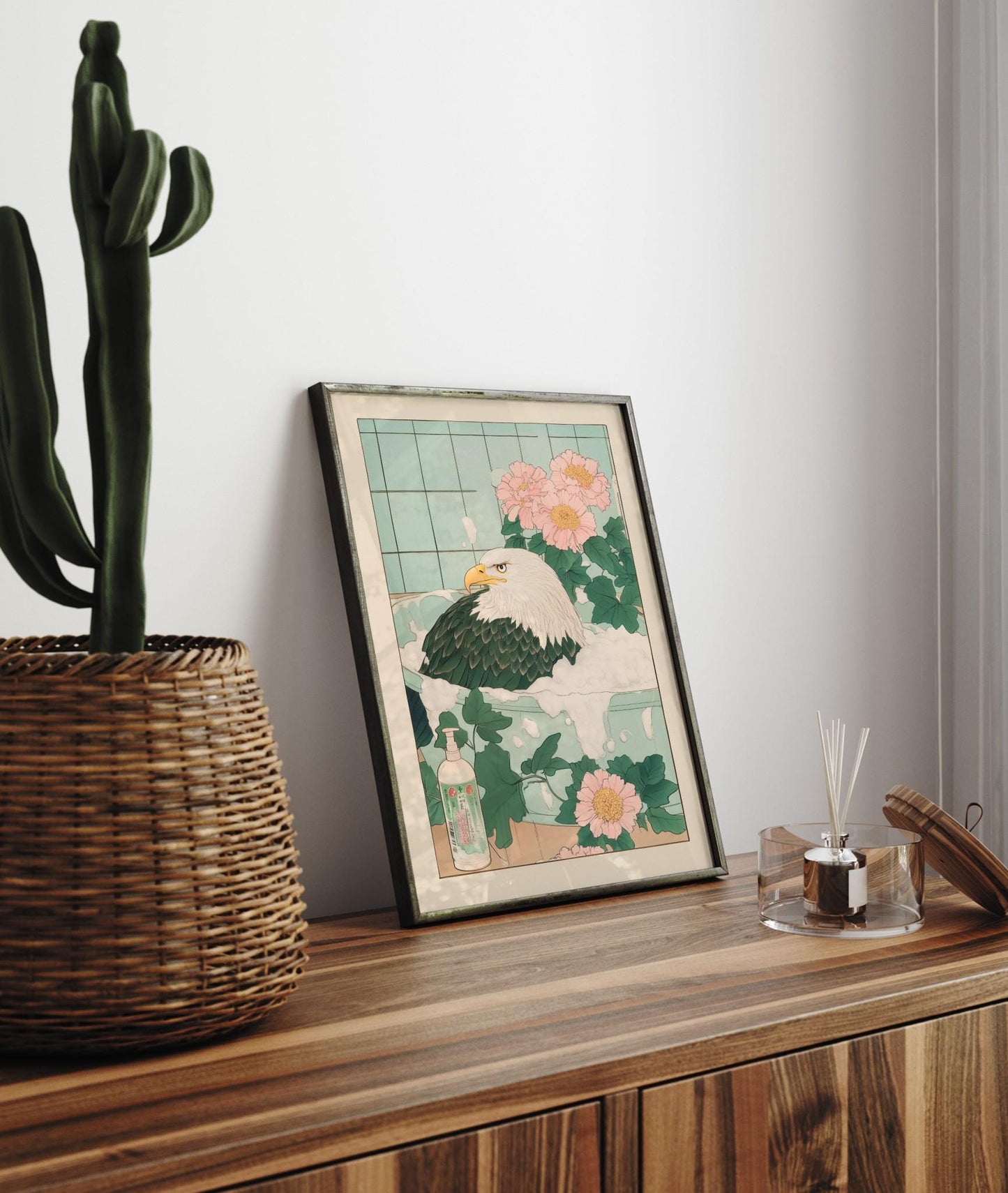 Bald Eagle in Bathtub Print: Ukiyo-e Japanese Bathroom Art