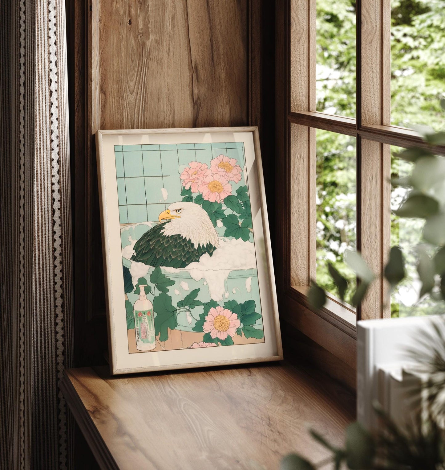 Bald Eagle in Bathtub Print: Ukiyo-e Japanese Bathroom Art