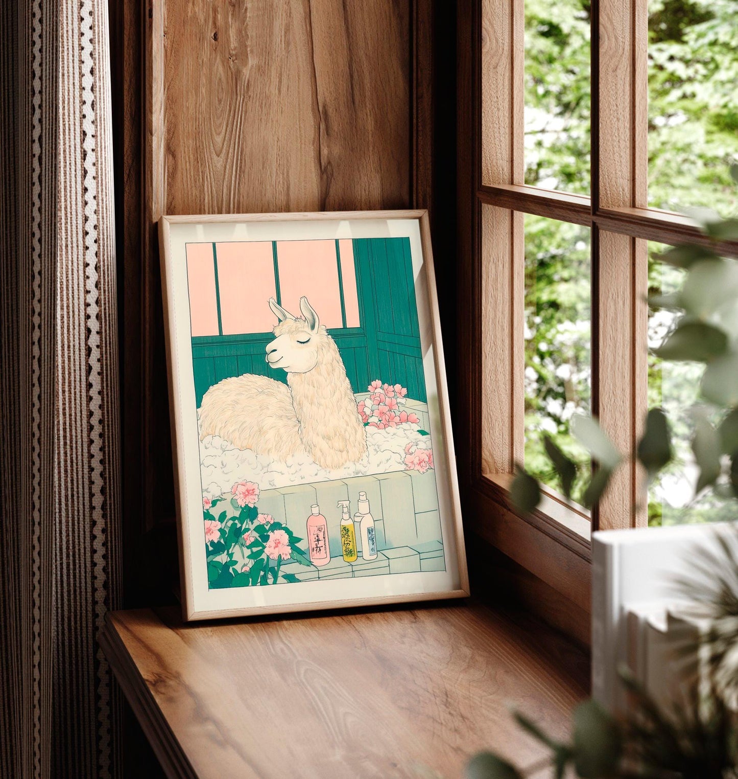 Llama Bathroom Print: Funny Japandi Ukiyo-e Animal Art