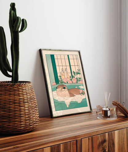 Funny otter art print, Japanese bathroom print, Aesthetic relaxation art, Japandi poster, Aesthetic minimalism artwork, Neutral wall art