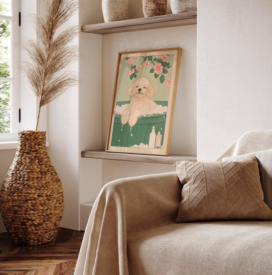 Toy Poodle in Bathtub Art Print: Japanese Ukiyo-e Illustration