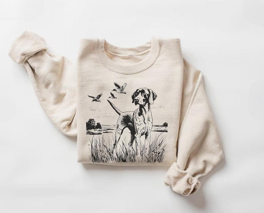 German Shorthaired Pointer Crewneck Sweatshirt, Dog Lover Gift, GSP Duck Hunting Sweater, Retro Dog Pullover, Nature Scene Graphic