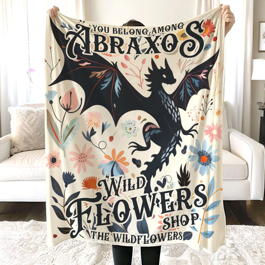 Abraxos Flower Blanket, Fantasy Dragon Bookish Blanket, Boho Wildflowers Cottagecore Blanket, Fantasy Book Lover Blanket, Book Gifts