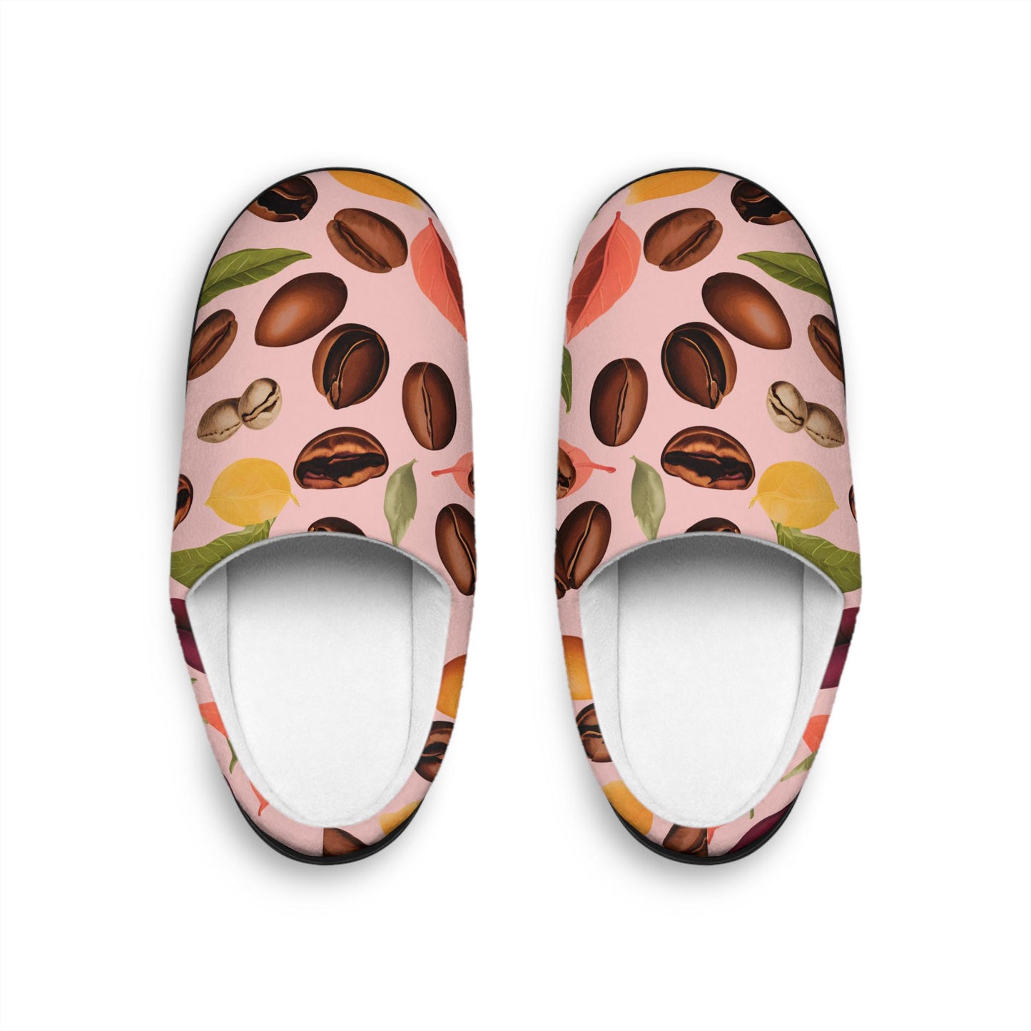 Slippers - Coffee Bean and Plants Design Women's Indoor Footwear Pink Background Gift-for Coffee Lovers House Shoes CozySlipper Gift
