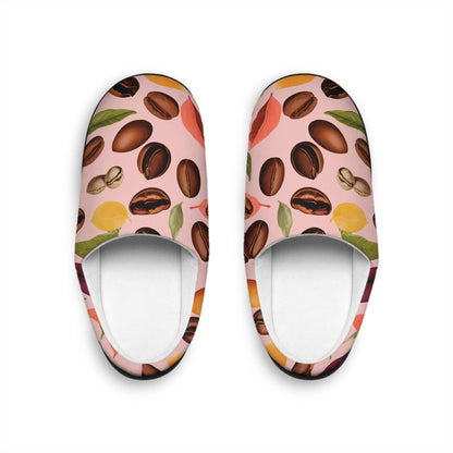 Slippers - Coffee Bean and Plants Design Women's Indoor Footwear Pink Background Gift-for Coffee Lovers House Shoes CozySlipper Gift