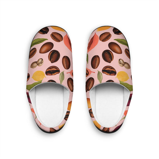 Slippers - Coffee Bean and Plants Design Women's Indoor Footwear Pink Background Gift-for Coffee Lovers House Shoes CozySlipper Gift
