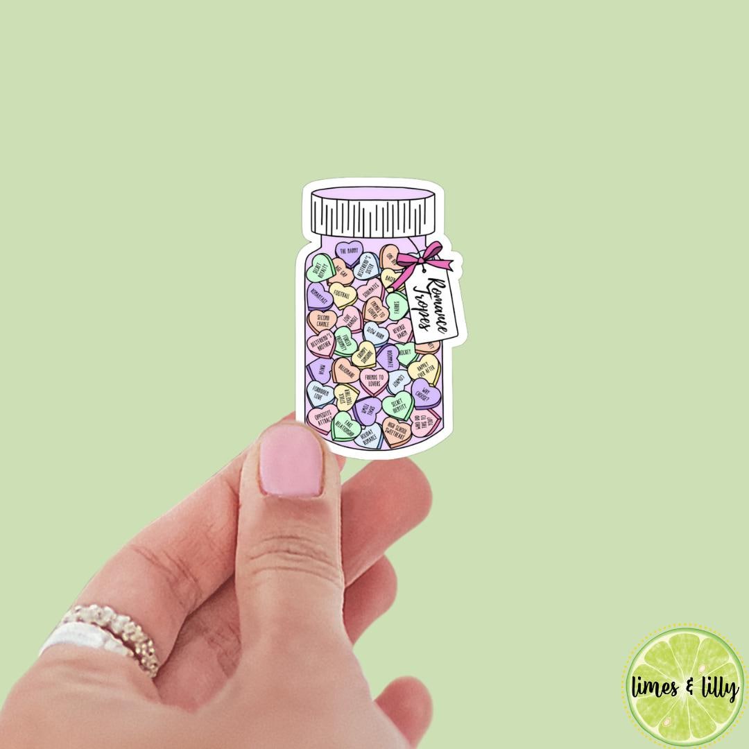 Romance Tropes Candy Hearts in Bottle Vinyl Sticker | Valentine’s Day Sticker | Valentine Sticker | Kindle Stickers | Bookish Stickers |